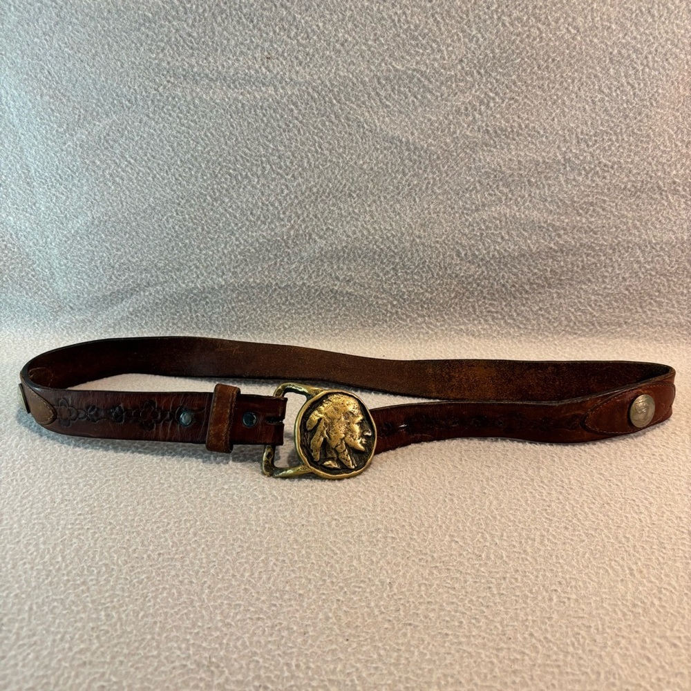 Vintage 70’s Solid Brass Indian Head Nickel Belt Buckle Genuine Leather Belt Sma
